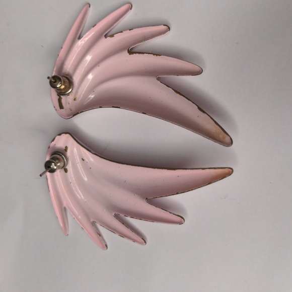 Vintage 80s Pink Angel Wing Earrings Pierced Light Pink Shiny Irradescent - Picture 5 of 6